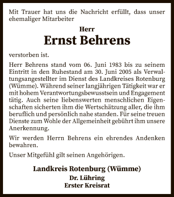 Todesanzeige von Ernst Behrens von SYK