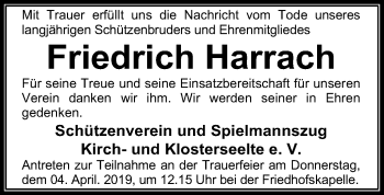 Todesanzeige von Friedrich Harrach von SYK