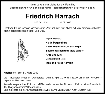 Todesanzeige von Friedrich Harrach von SYK