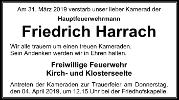 Todesanzeige von Friedrich Harrach von SYK