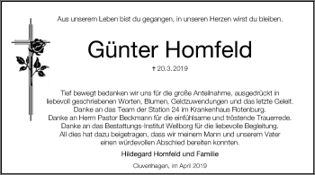 Todesanzeige von Günter Homfeld von SYK