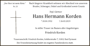 Todesanzeige von Hans Hermann Korden von SYK