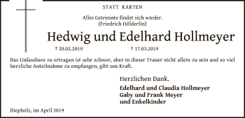 Todesanzeige von Hedwig und Edelhard  Hollmeyer von SYK