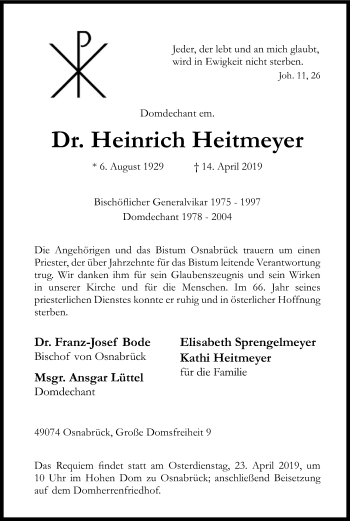 Todesanzeige von Heinrich Heitmeyer von SYK