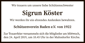 Todesanzeige von Sigrun Köster von SYK
