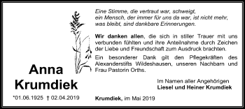 Todesanzeige von Anna Krumdiek von SYK
