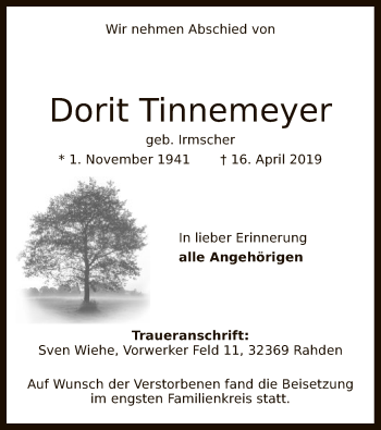 Todesanzeige von Dorit Tinnemeyer von SYK