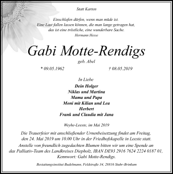 Todesanzeige von Gabi Motte-Rendigs von SYK