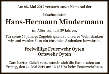Todesanzeige von Hans-Hermann Mindermann von SYK
