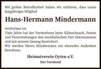 Todesanzeige von Hans-Hermann Mindermann von SYK