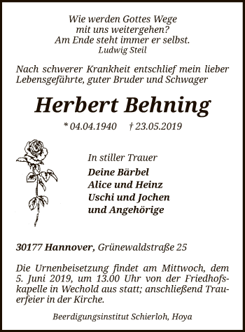 Todesanzeige von Herbert Behning von SYK