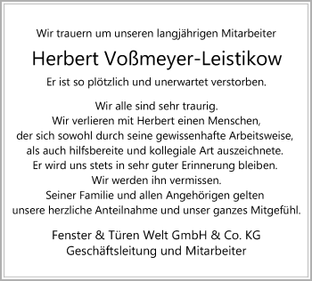 Todesanzeige von Herbert Voßmeyer-Leistikow von SYK