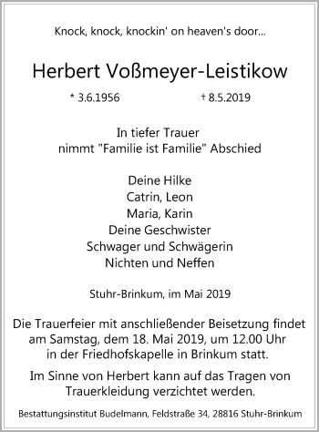 Todesanzeige von Herbert Voßmeyer-Leistikow von SYK