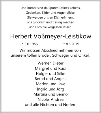 Todesanzeige von Herbert Voßmeyer-Leistikow von SYK
