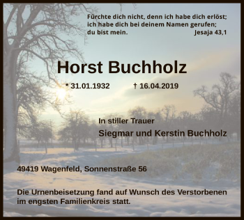 Todesanzeige von Horst Buchholz von SYK