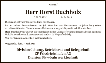 Todesanzeige von Horst Buchholz von SYK