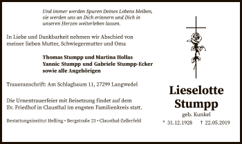 Todesanzeige von Lieselotte Stumpp von SYK