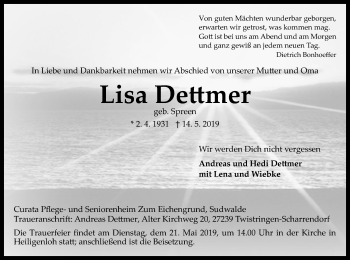 Todesanzeige von Lisa Dettmer von SYK