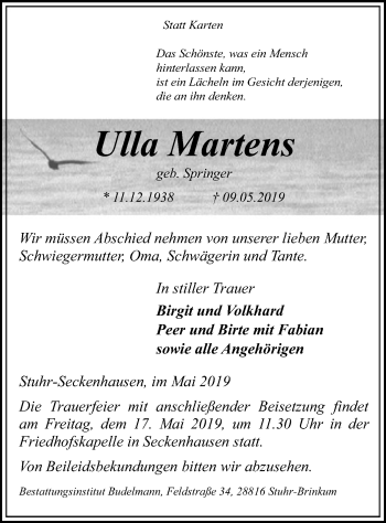 Todesanzeige von Ulla Martens von SYK