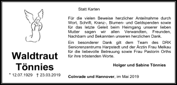 Todesanzeige von Waldtraut Tönnies von SYK