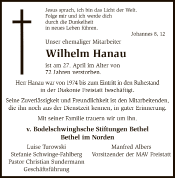 Todesanzeige von Wilhelm Hanau von SYK