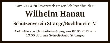 Todesanzeige von Wilhelm Hanau von SYK