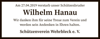 Todesanzeige von Wilhelm Hanau von SYK