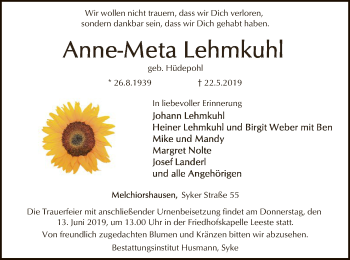 Todesanzeige von Anne-Meta Lehmkuhl von SYK