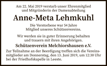 Todesanzeige von Anne-Meta Lehmkuhl von SYK