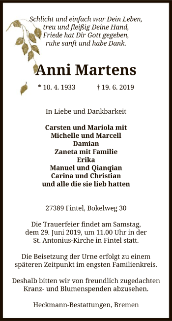 Todesanzeige von Anni Martens von SYK