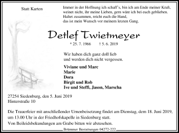 Todesanzeige von Detlef Twietmeyer von SYK