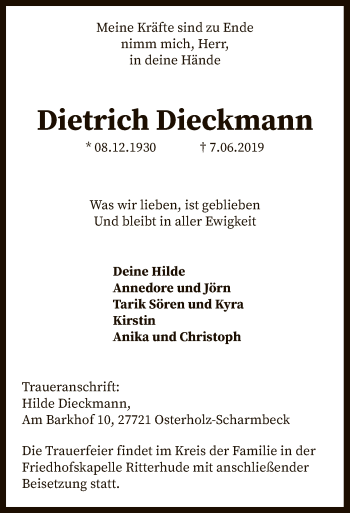 Todesanzeige von Dietrich Dieckmann von SYK