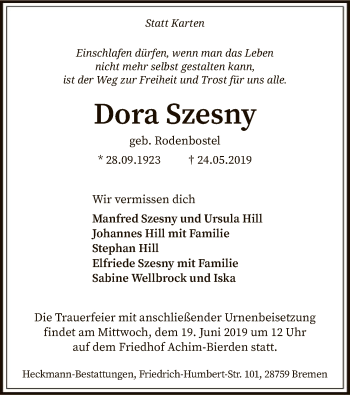 Todesanzeige von Dora Szesny von SYK