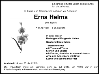 Todesanzeige von Erna Helms von SYK