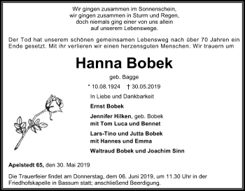 Todesanzeige von Hanna Bobek von SYK