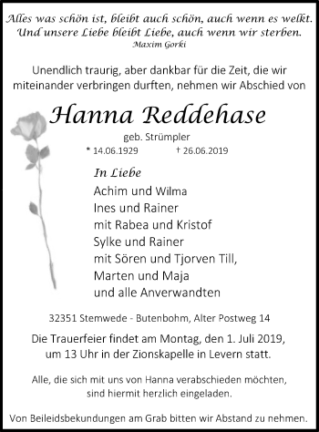 Todesanzeige von Hanna Reddehase von SYK