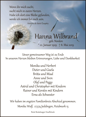 Todesanzeige von Hanna Wilbrand von SYK