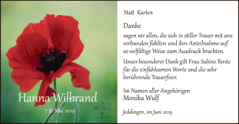 Todesanzeige von Hanna Wilbrand von SYK