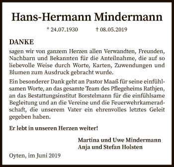Todesanzeige von Hans-Hermann Mindermann von SYK