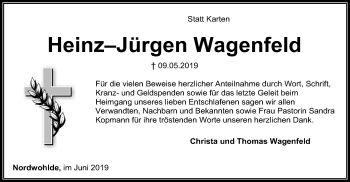 Todesanzeige von Heinz Jürgen Wagenfeld von SYK