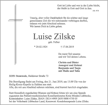 Todesanzeige von Luise Zilske von SYK