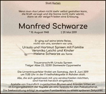 Todesanzeige von Manfred Schwarze von SYK