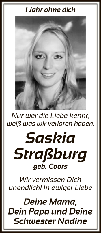 Todesanzeige von Saskia Straßburg von SYK