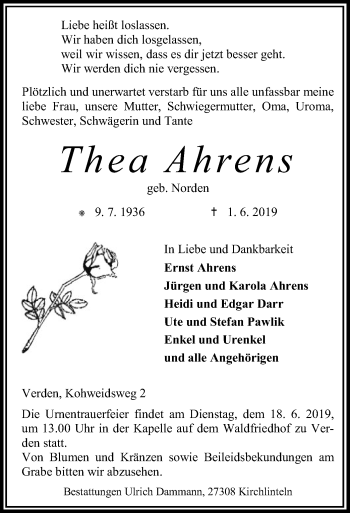 Todesanzeige von Thea Ahrens von SYK