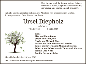 Todesanzeige von Ursel Diepholz von SYK