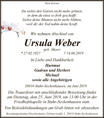 Todesanzeige von Ursula Weber von SYK