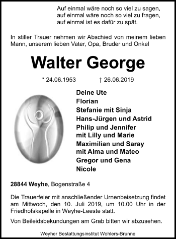 Todesanzeige von Walter George von SYK
