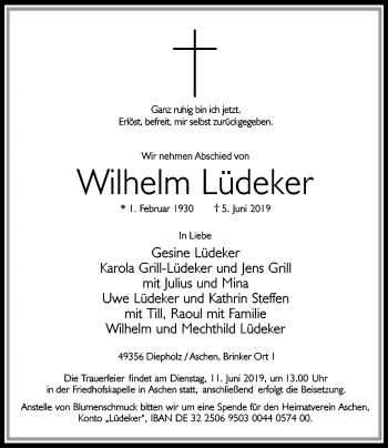 Todesanzeige von Wilhelm Lüdeker von SYK