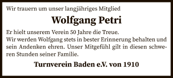 Todesanzeige von Wolfgang Petri von SYK