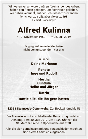 Todesanzeige von Alfred Kulinna von SYK